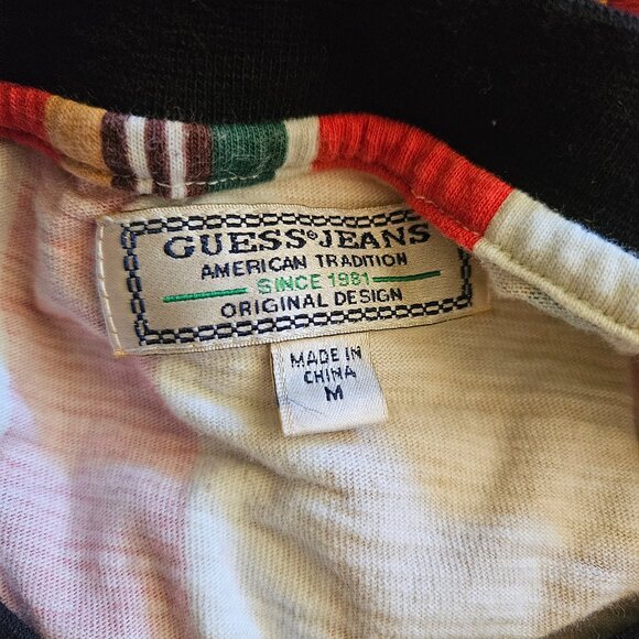 Vintage Guess Jeans Los Angeles USA Flag Striped T-Shirt Red Green Tan Size M - Picture 4 of 5